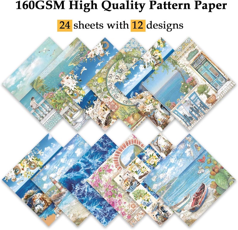 Qianshan 24 Sheets 12 Designs Scrapbook Paper Pad,6"×6” Single-Sided Decopodge Craft Cardstock Paper,Christmas Scrapbooking DIY Decorative Background Cardmaking Supplies.Seaside Cabin - Image 3